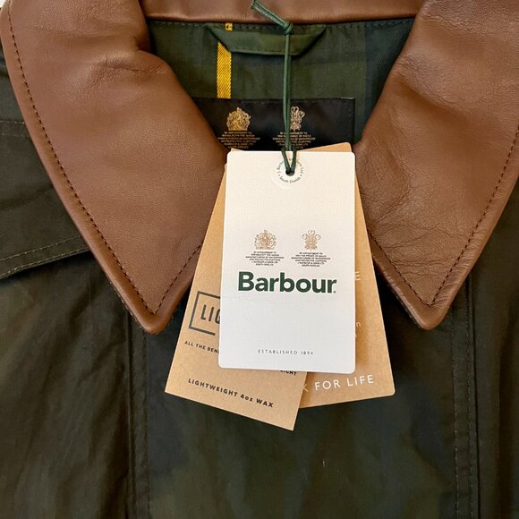 Barbour Green 'Bearden' Wax Coat with Brown Leather Collar Trim, NEW - Picture 2 of 5